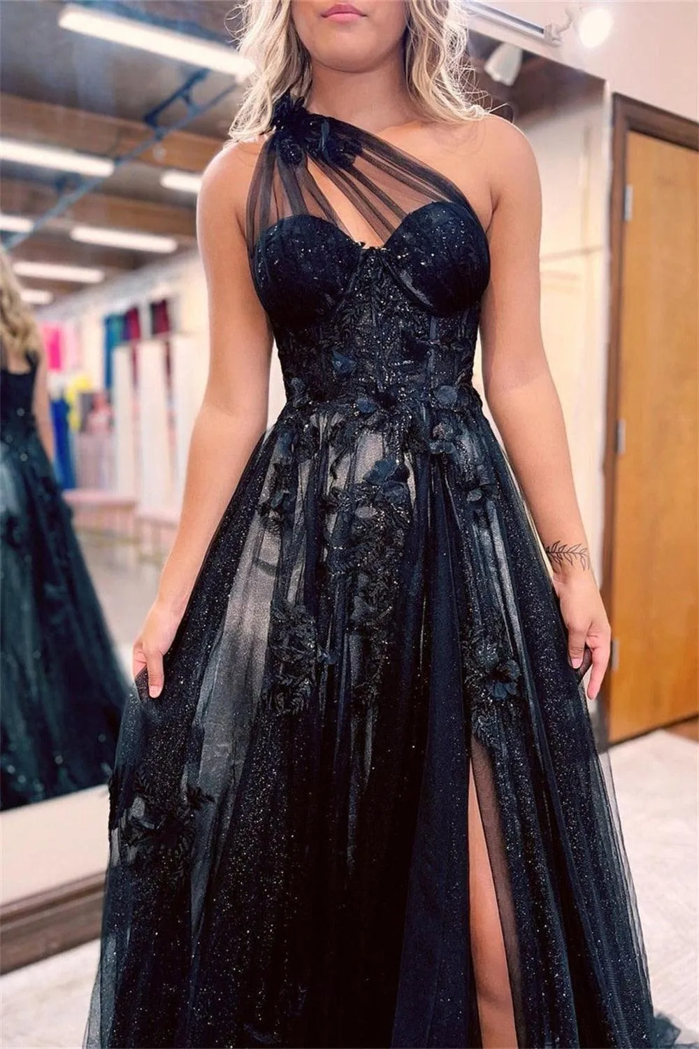 A-line Prom Dress Dark Evening Dress Sexy One Shoulder Side Split