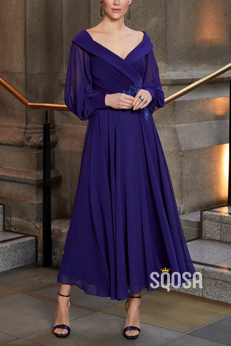 A-Line V-Neck Applique Chiffon Mother of the Bride Dress Guest of Wedding QM3264