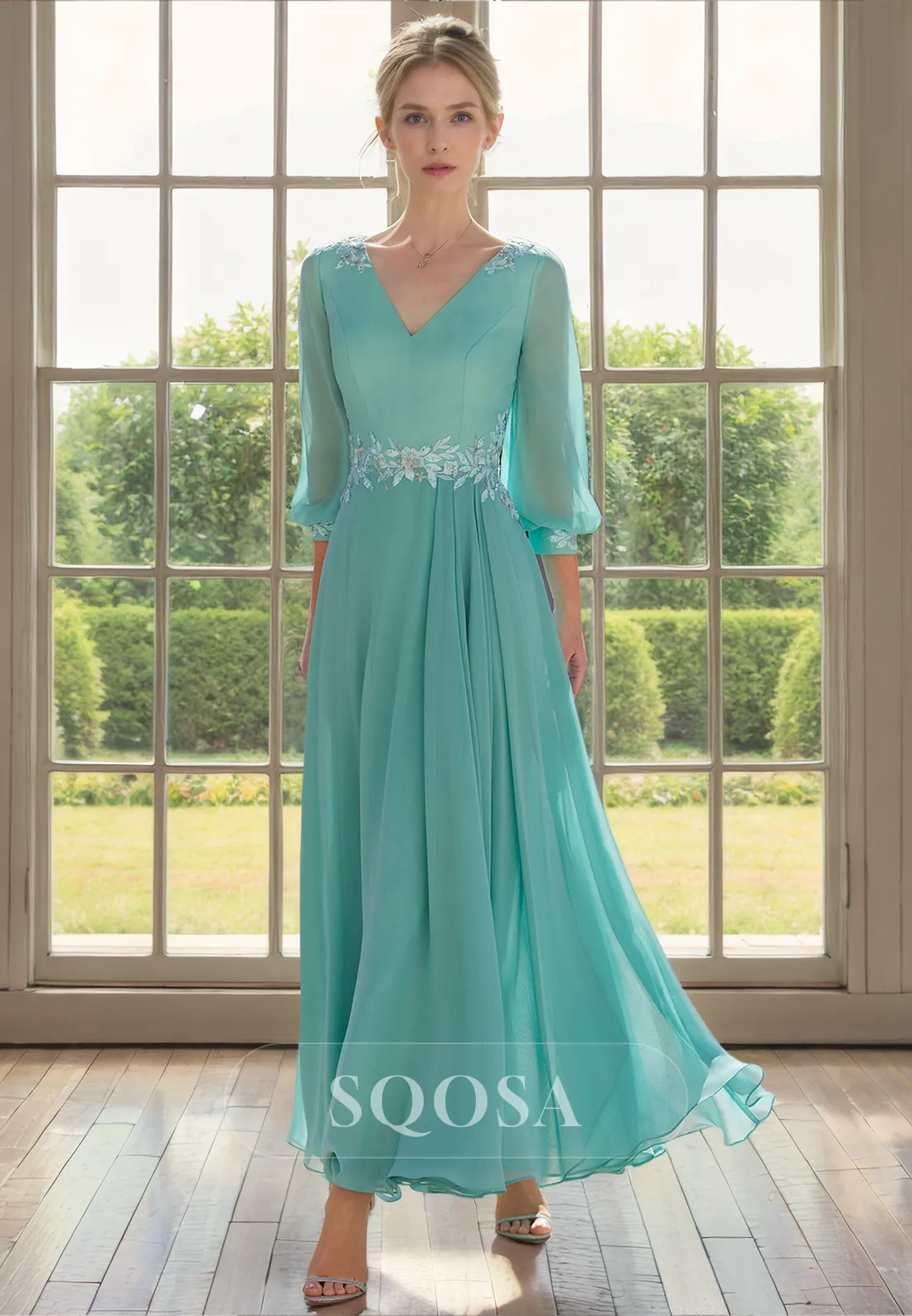 A Line V Neck Appliques 3/4 Sleeves Elegant Chiffon Mother of the Bride Dress