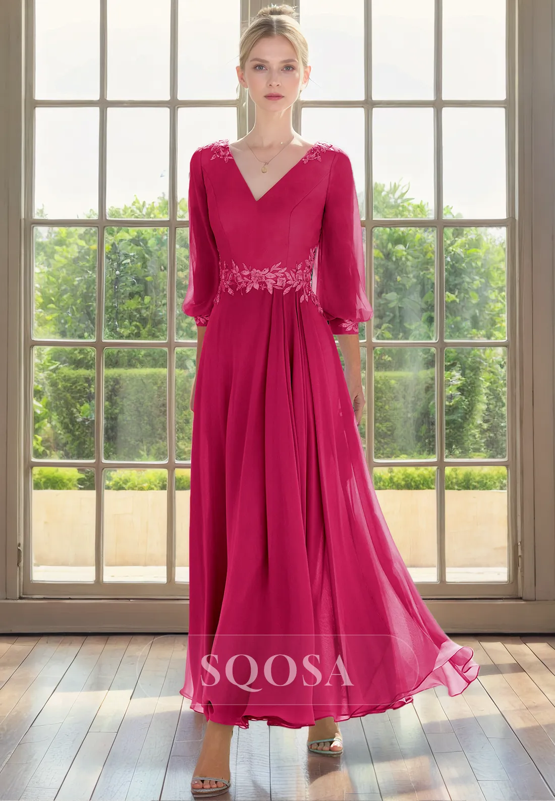 A Line V Neck Appliques 3/4 Sleeves Elegant Chiffon Mother of the Bride Dress