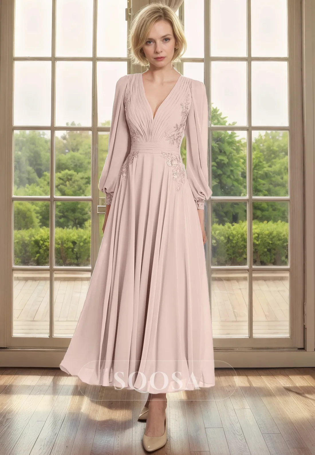 A Line V Neck Chiffon Appliques Long Sleeves Mother of the Bride Dress Elegant Cocktail Dress