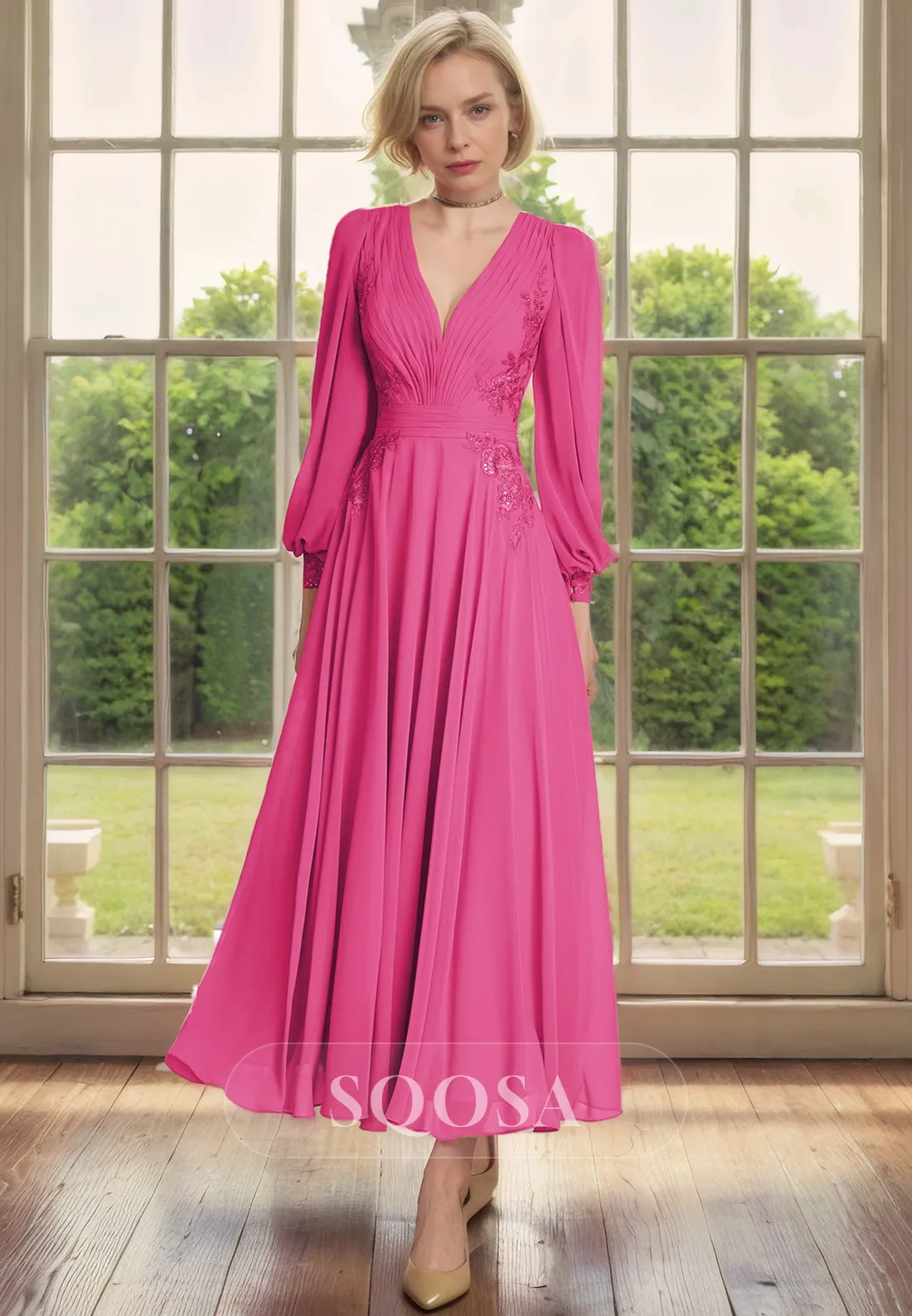 A Line V Neck Chiffon Appliques Long Sleeves Mother of the Bride Dress Elegant Cocktail Dress