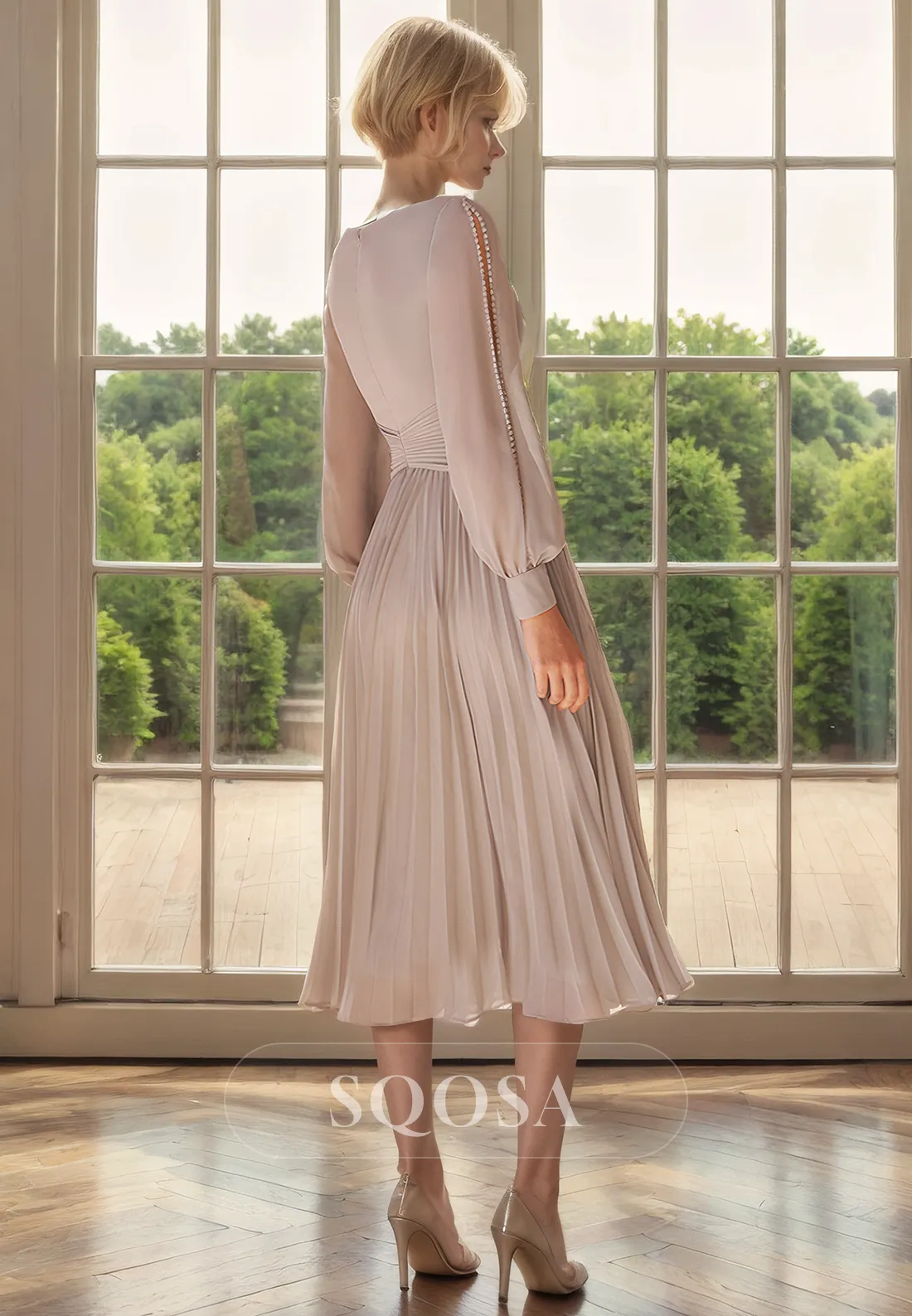 A Line V Neck Chiffon Long Sleeves Elegant Mother of the Bride Dress Cocktail Dress