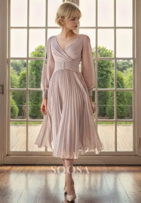 A Line V Neck Chiffon Long Sleeves Elegant Mother of the Bride Dress Cocktail Dress