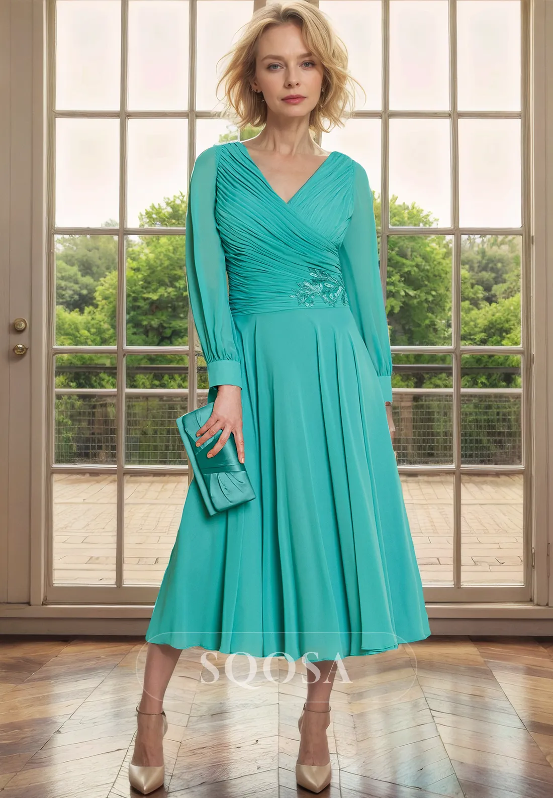 A Line V neck Chiffon Pleats Long Sleeves Mother of the Bride Dress Tea Length Cocktail Dress