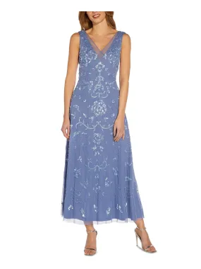 ADRIANNA PAPELL Womens Blue Embellished Zippered Lined Sleeveless V Neck Maxi Party Dress Size 16