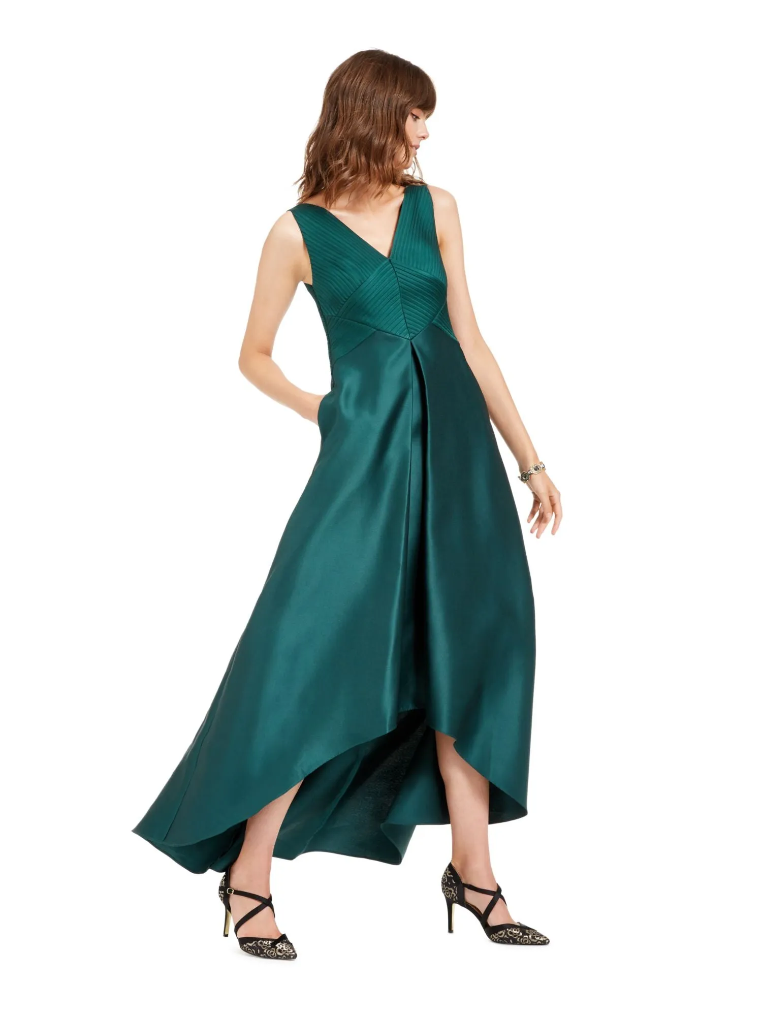 ADRIANNA PAPELL Womens Green Zippered Sleeveless V Neck Midi Formal Fit + Flare Dress