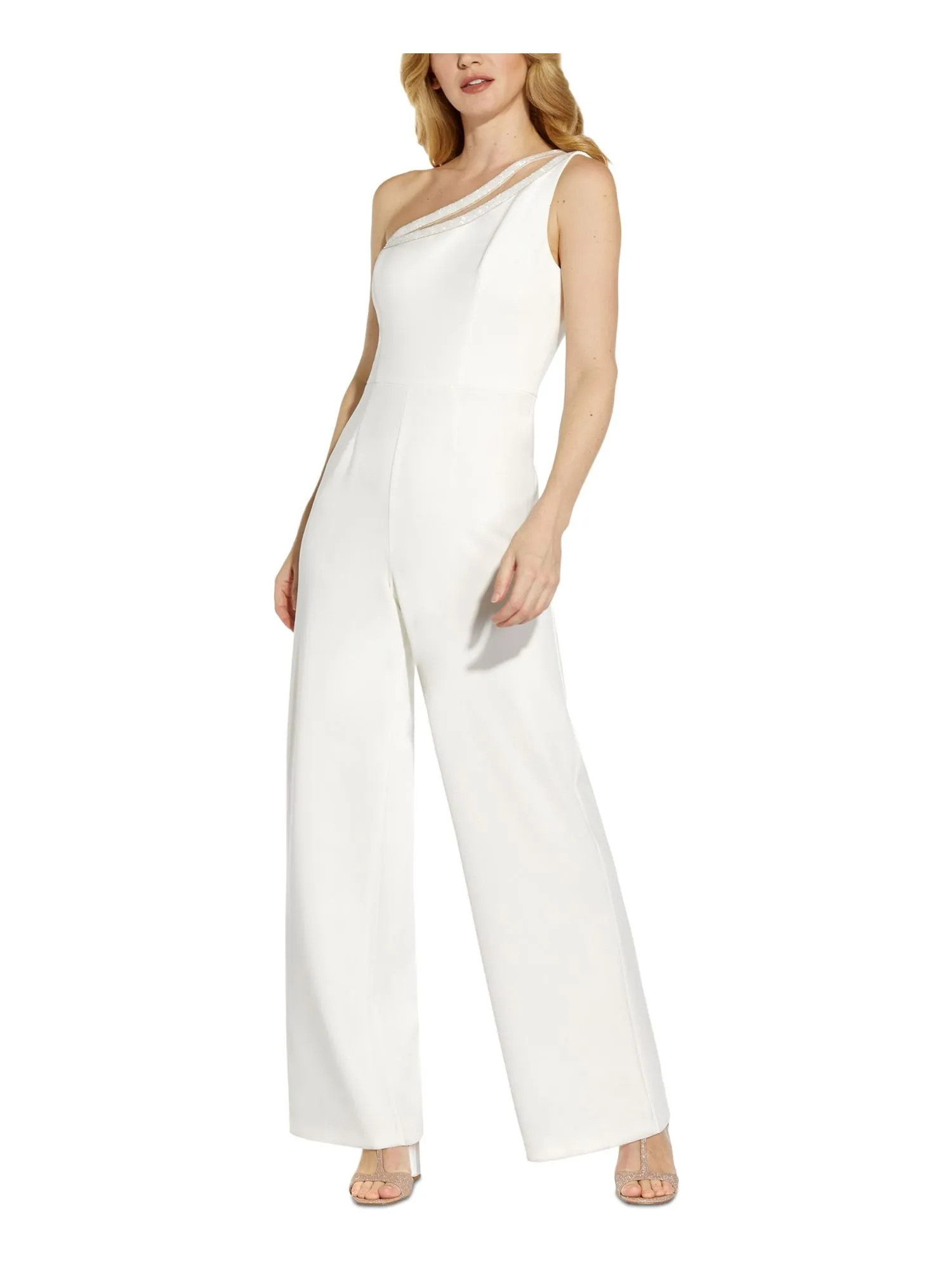 ADRIANNA PAPELL Womens Ivory Stretch Zippered Embellished Illusion Sleeveless Asymmetrical Neckline Formal Jumpsuit