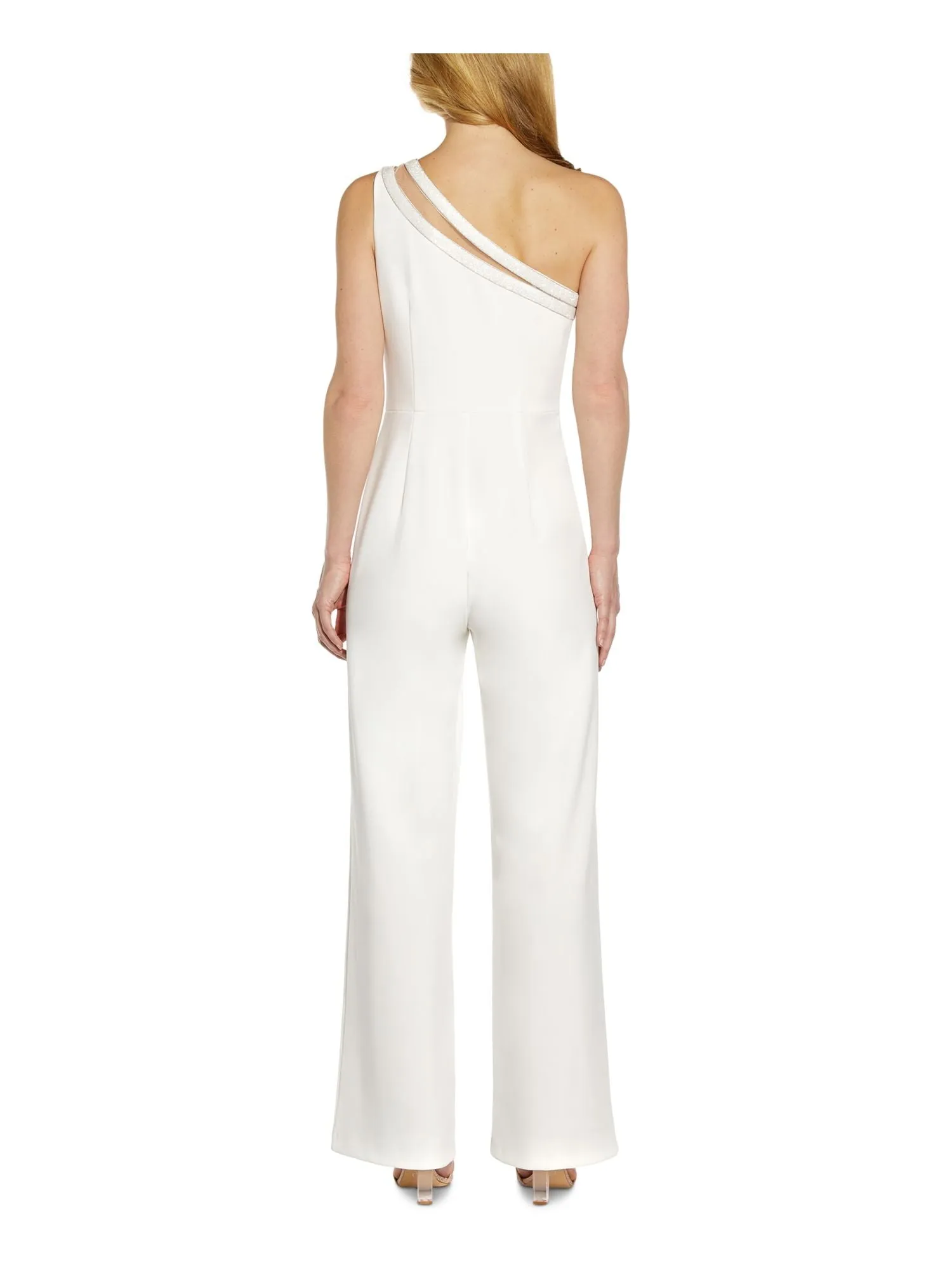 ADRIANNA PAPELL Womens Ivory Stretch Zippered Embellished Illusion Sleeveless Asymmetrical Neckline Formal Jumpsuit