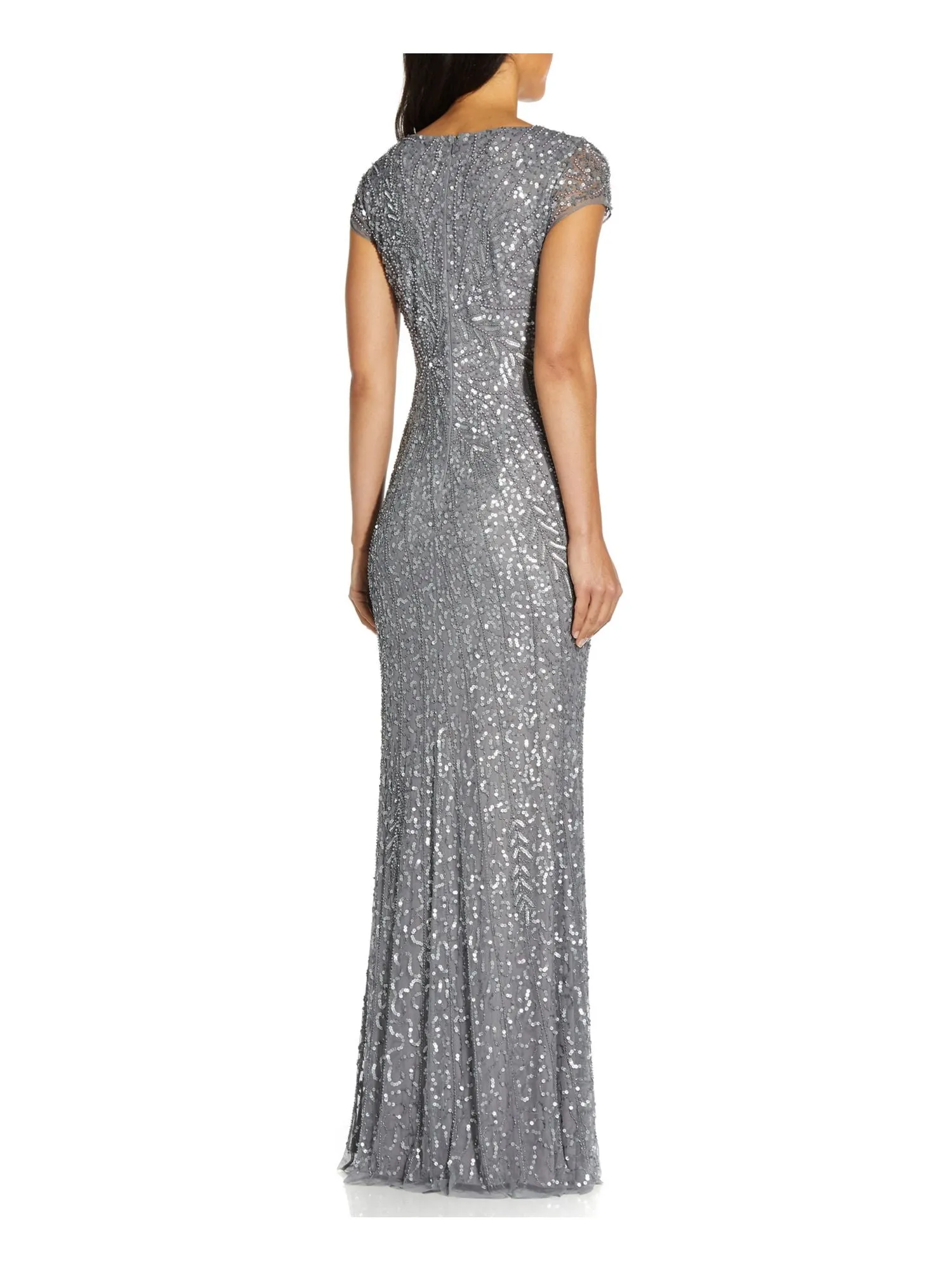 ADRIANNA PAPELL Womens Sequined Cap Sleeve V Neck Full-Length Formal Mermaid Dress