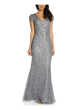 ADRIANNA PAPELL Womens Sequined Cap Sleeve V Neck Full-Length Formal Mermaid Dress