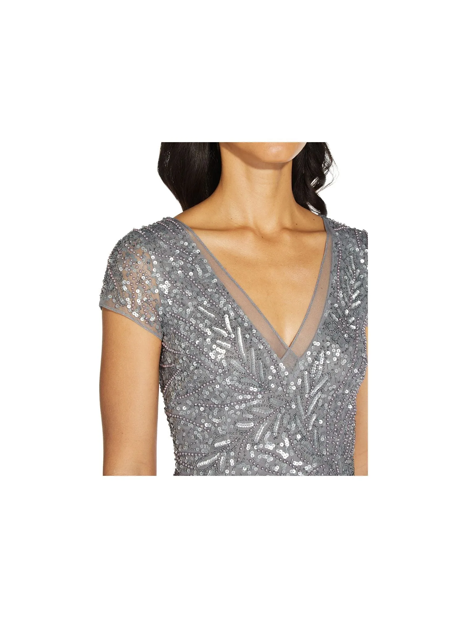 ADRIANNA PAPELL Womens Sequined Cap Sleeve V Neck Full-Length Formal Mermaid Dress