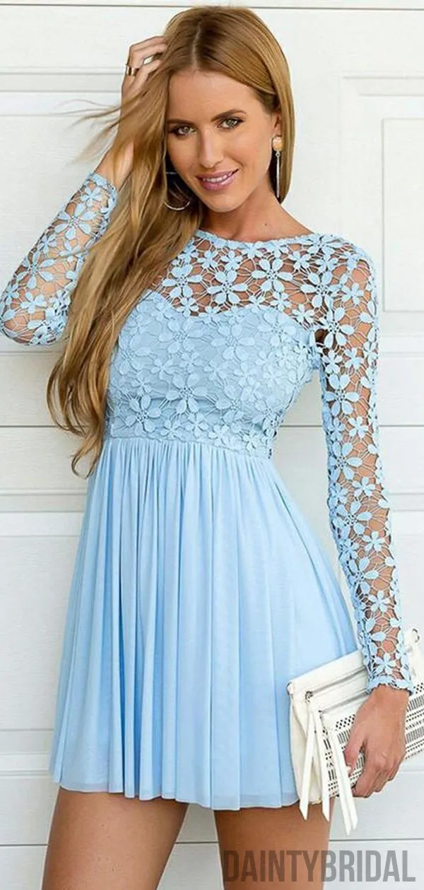 Affordable Chiffon Long Sleeves Illusion Neck Homecoming Dresses.BD10120