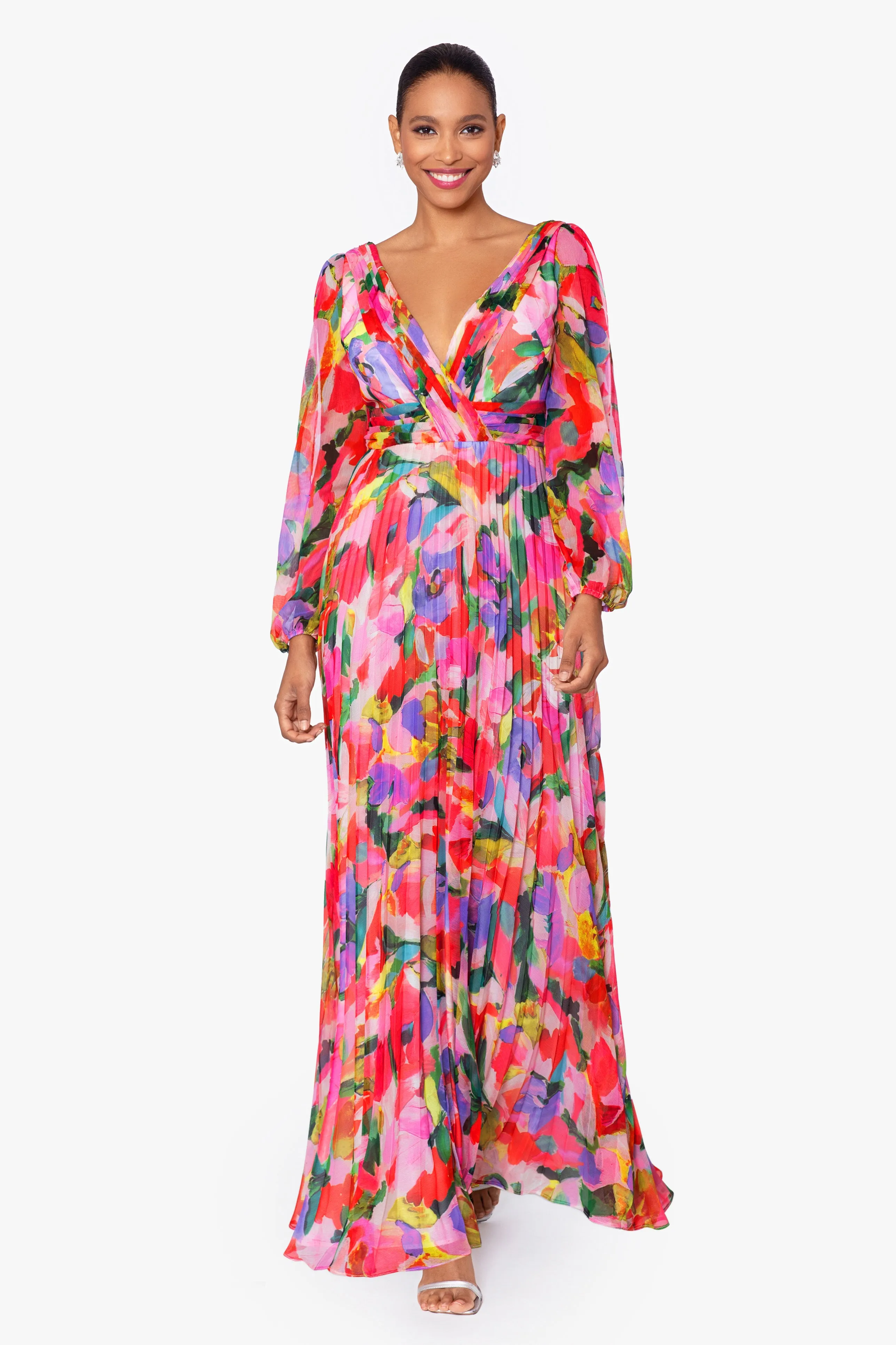 Amber Long Sleeve Chiffon Print Floor Length Dress