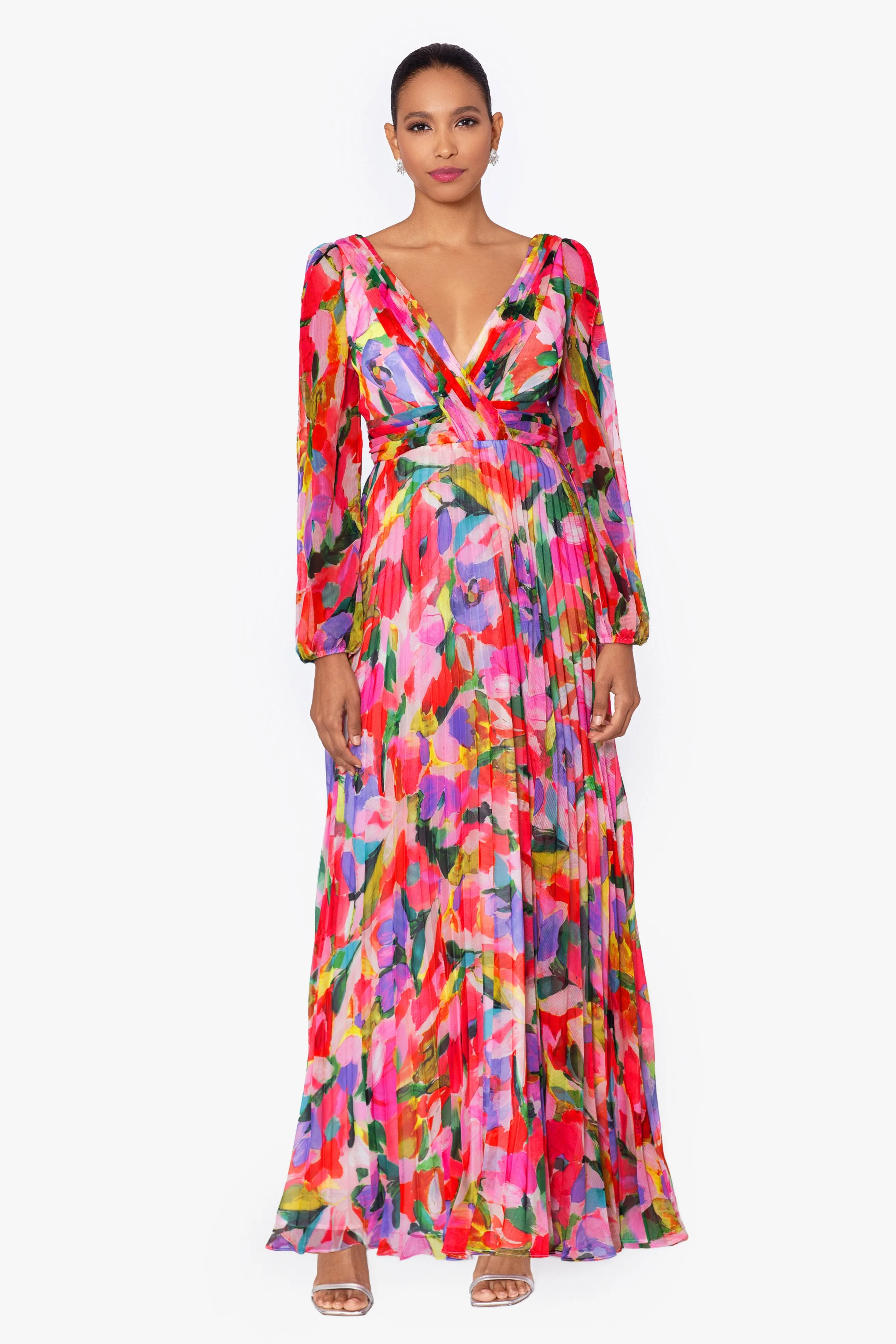 Amber Long Sleeve Chiffon Print Floor Length Dress