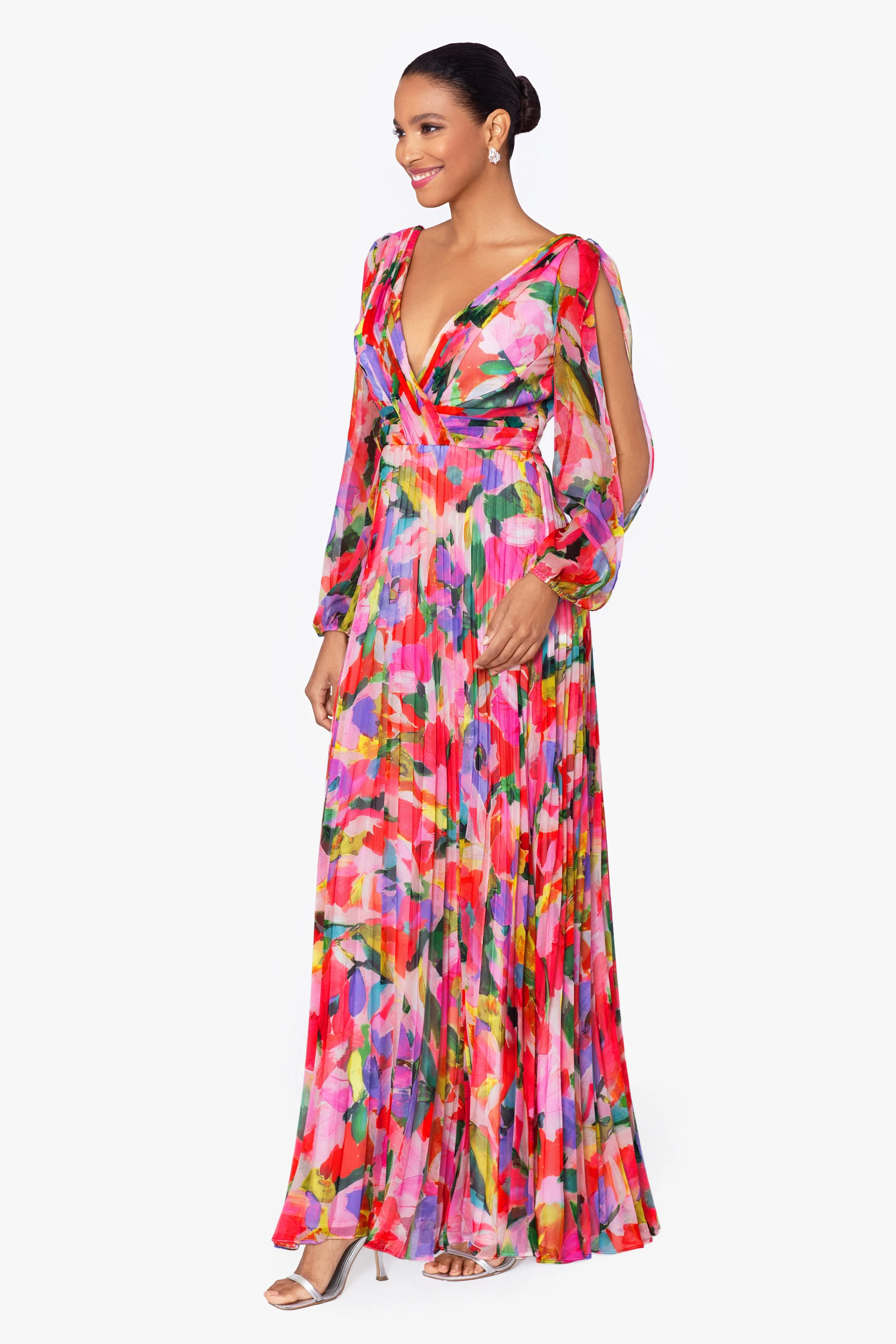 Amber Long Sleeve Chiffon Print Floor Length Dress