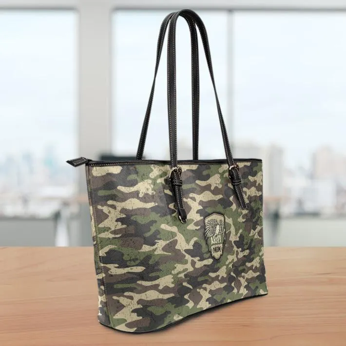 Army Mom Camouflage Large Leather Tote Bag