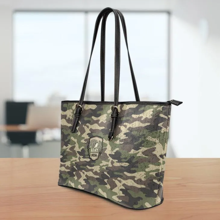 Army Mom Camouflage Large Leather Tote Bag