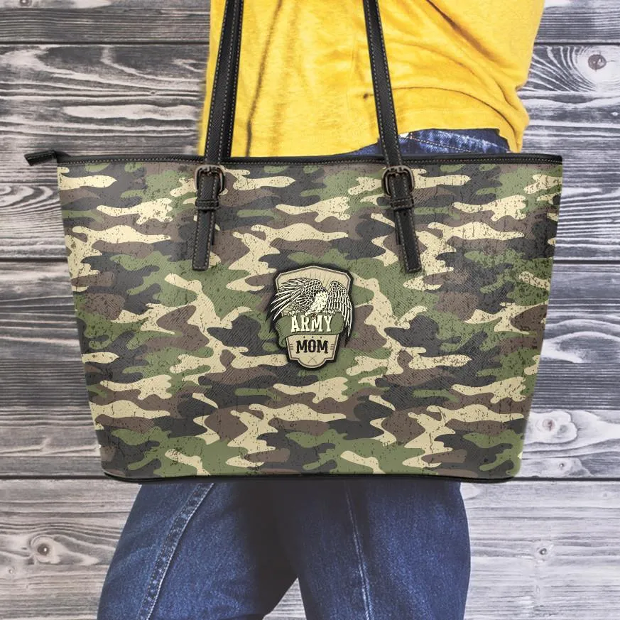 Army Mom Camouflage Small Leather Tote Bag