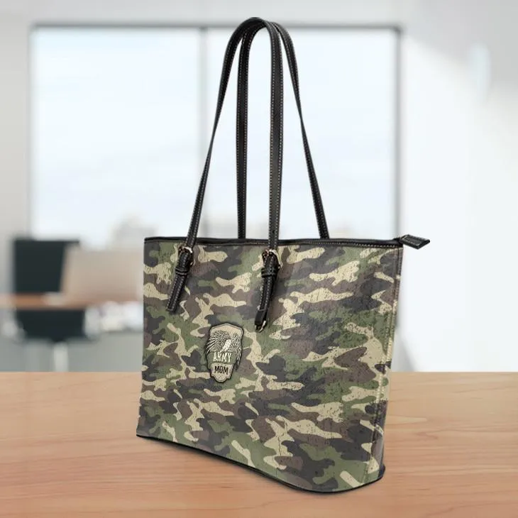 Army Mom Camouflage Small Leather Tote Bag