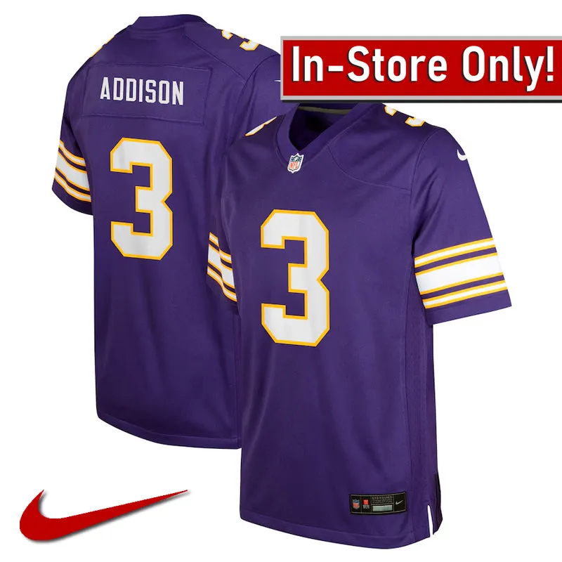 AVAILABLE IN-STORE ONLY! Jordan Addison Youth Minnesota Vikings Purple Nike Classic Game Jersey