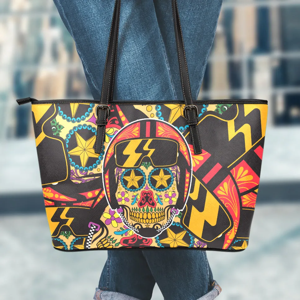 Biker Sugar Skull Small Leather Tote Bag