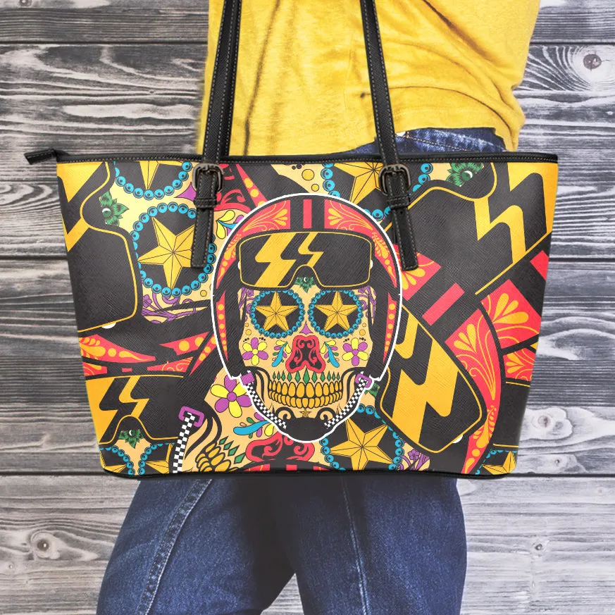 Biker Sugar Skull Small Leather Tote Bag