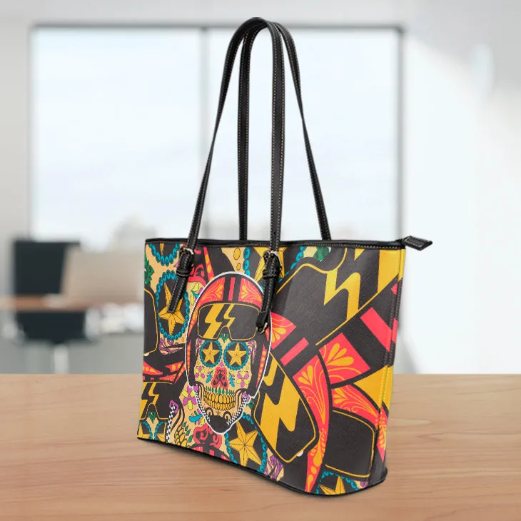 Biker Sugar Skull Small Leather Tote Bag