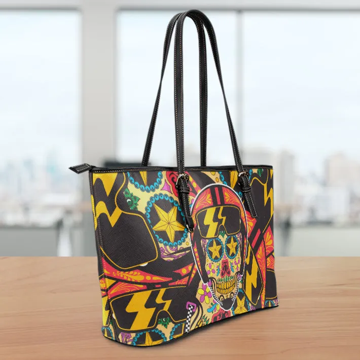 Biker Sugar Skull Small Leather Tote Bag