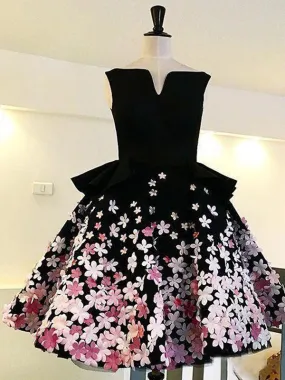 Black Satin Pink Floral Appliques Homecoming Dresses,BD0189