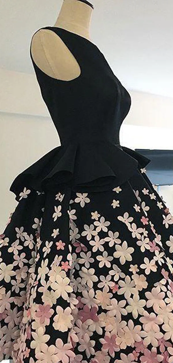 Black Satin Pink Floral Appliques Homecoming Dresses,BD0189