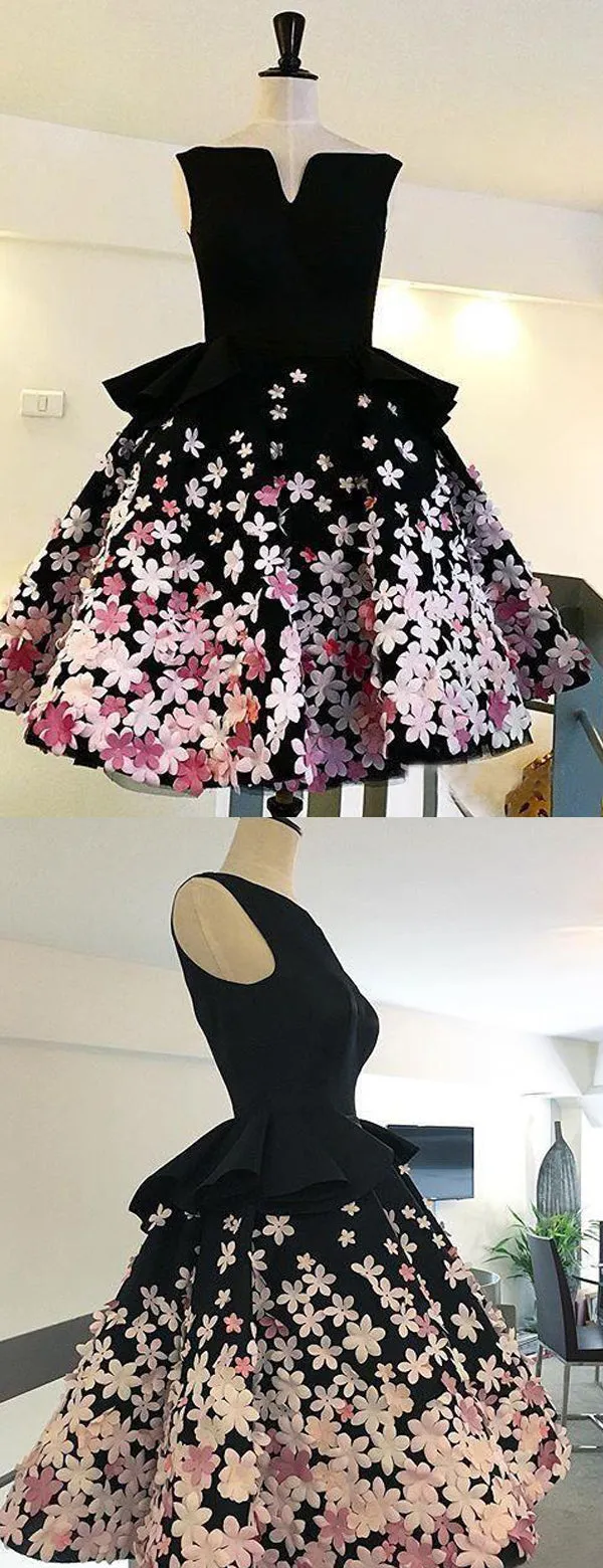 Black Satin Pink Floral Appliques Homecoming Dresses,BD0189