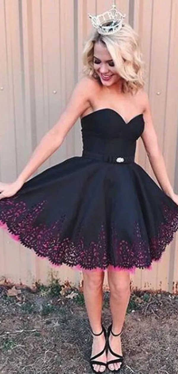 Black Satin Pink Tulle Lace Hemline Strapless Homecoming Dresses,BD0206