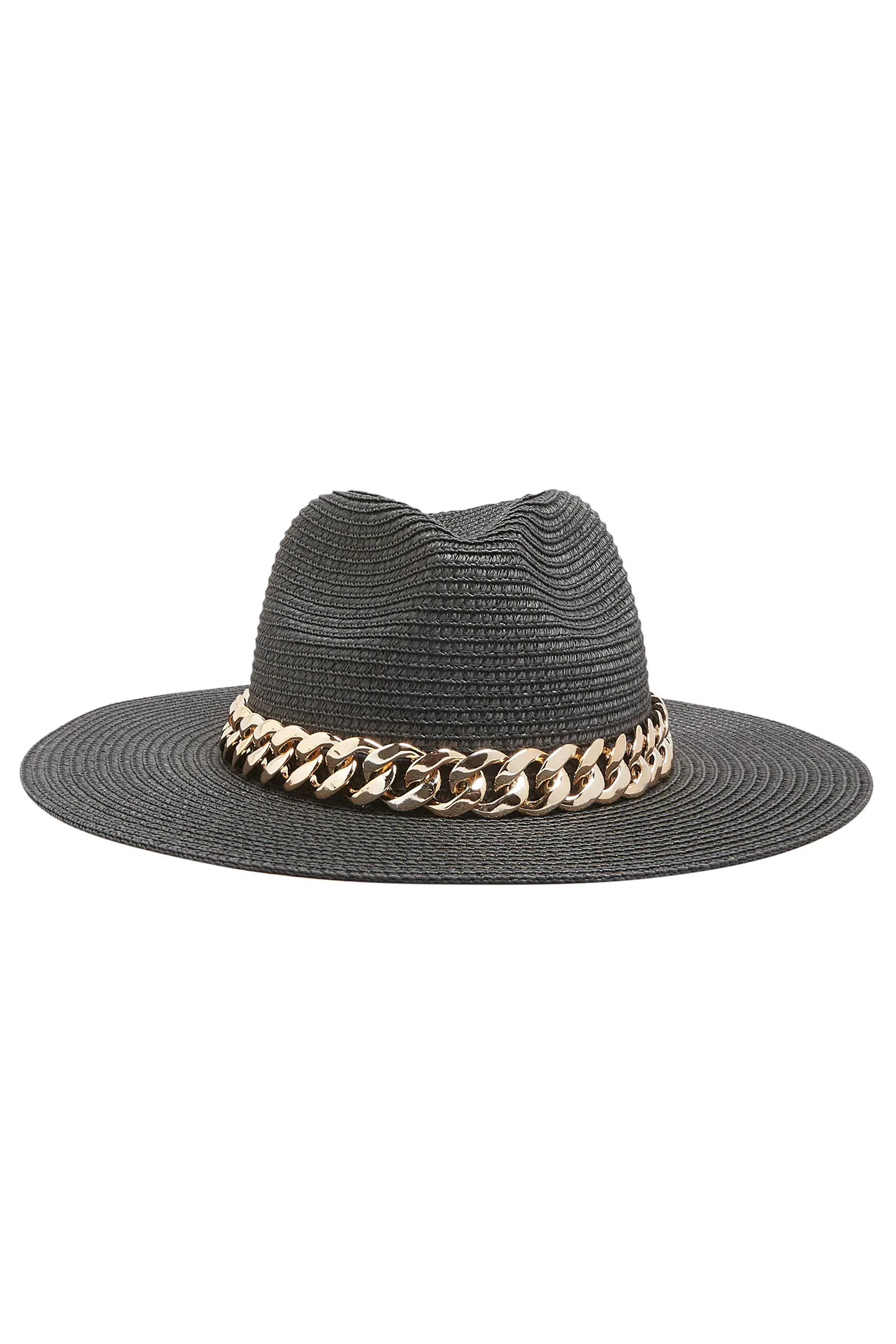 Black Straw Chain Fedora Hat