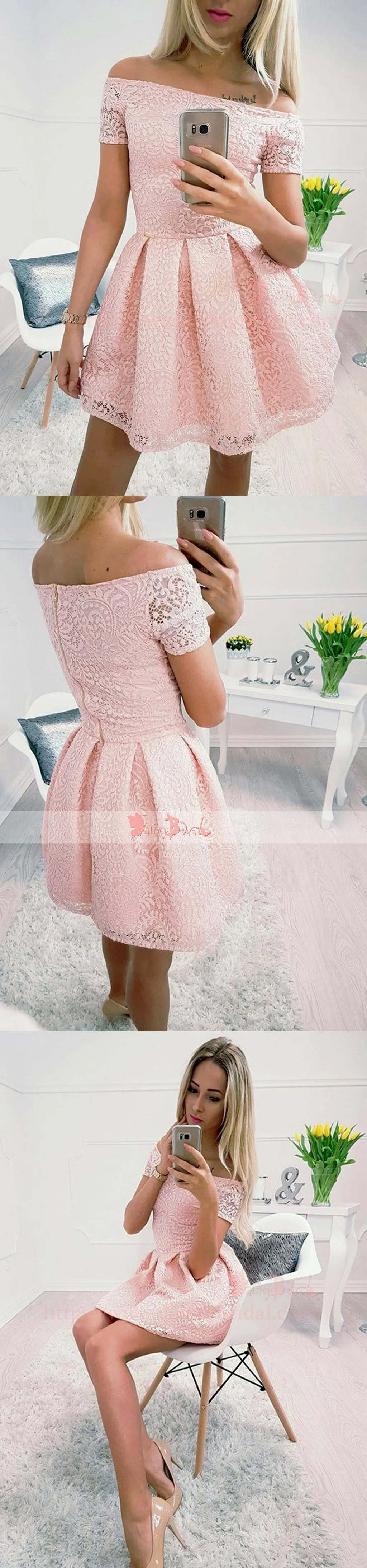 Blush Pink Off Shoulder Lace Homecoming Dresses,BD0172