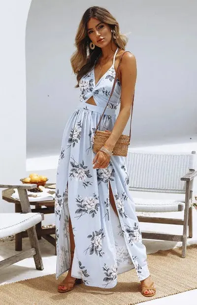 Bohemian Casual Sleeveless Split Floral Off Shoulder Maxi Long Boho Dress