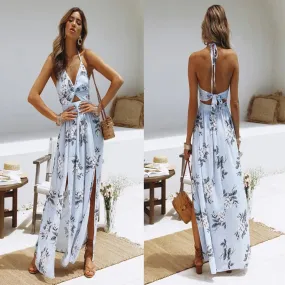 Bohemian Casual Sleeveless Split Floral Off Shoulder Maxi Long Boho Dress