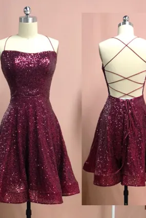 Burgundy Spaghetti Straps Sleeveless A Line Sequins Homecoming Dresses