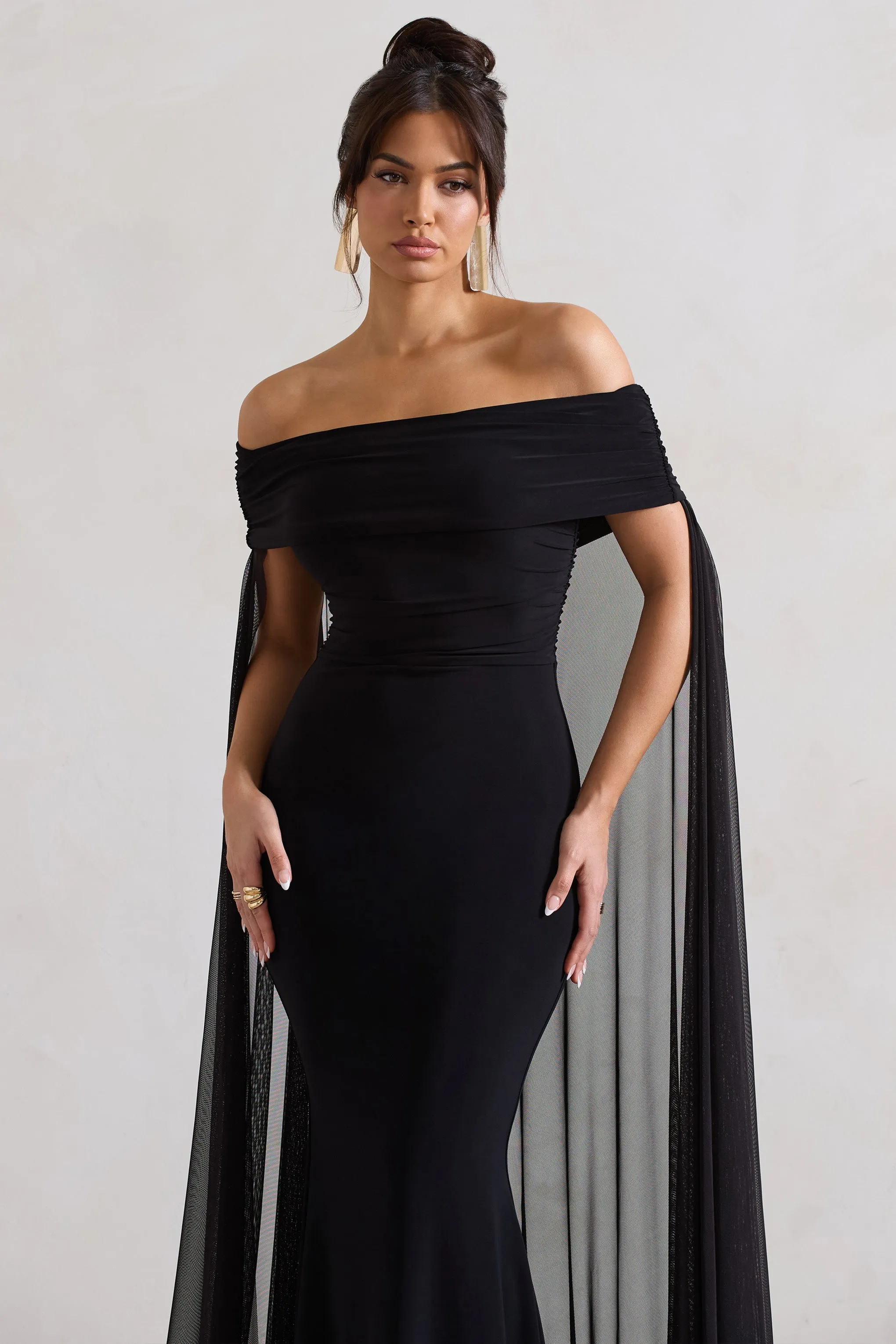 Carlotta | Black Bardot Maxi Dress With Chiffon Cape