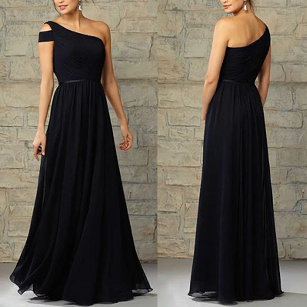 Cheap Formal Elegant Chiffon One Shoulder Floor-Length Navy Blue Bridesmaid Dresses, WG12