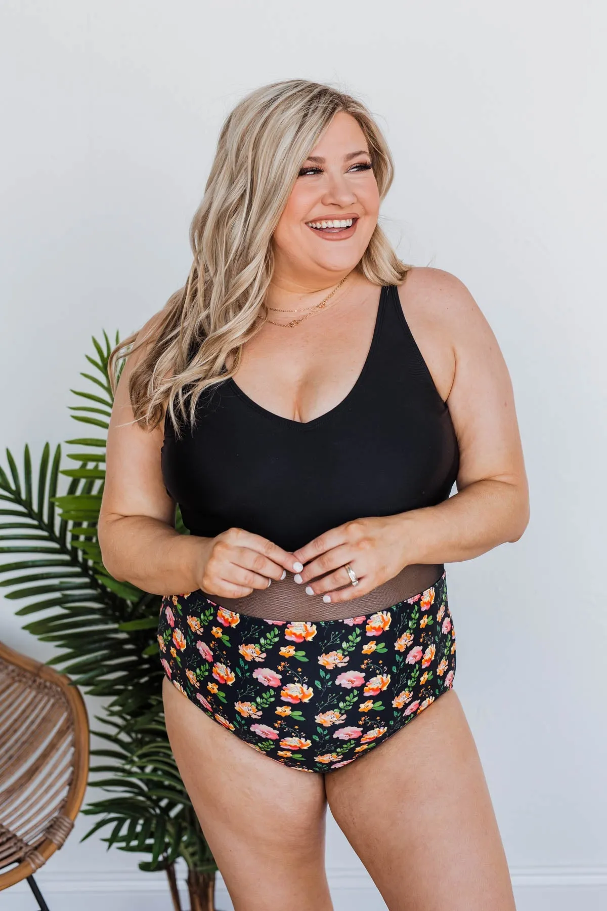 Collecting Seashells One-Piece Swimsuit- Black Floral