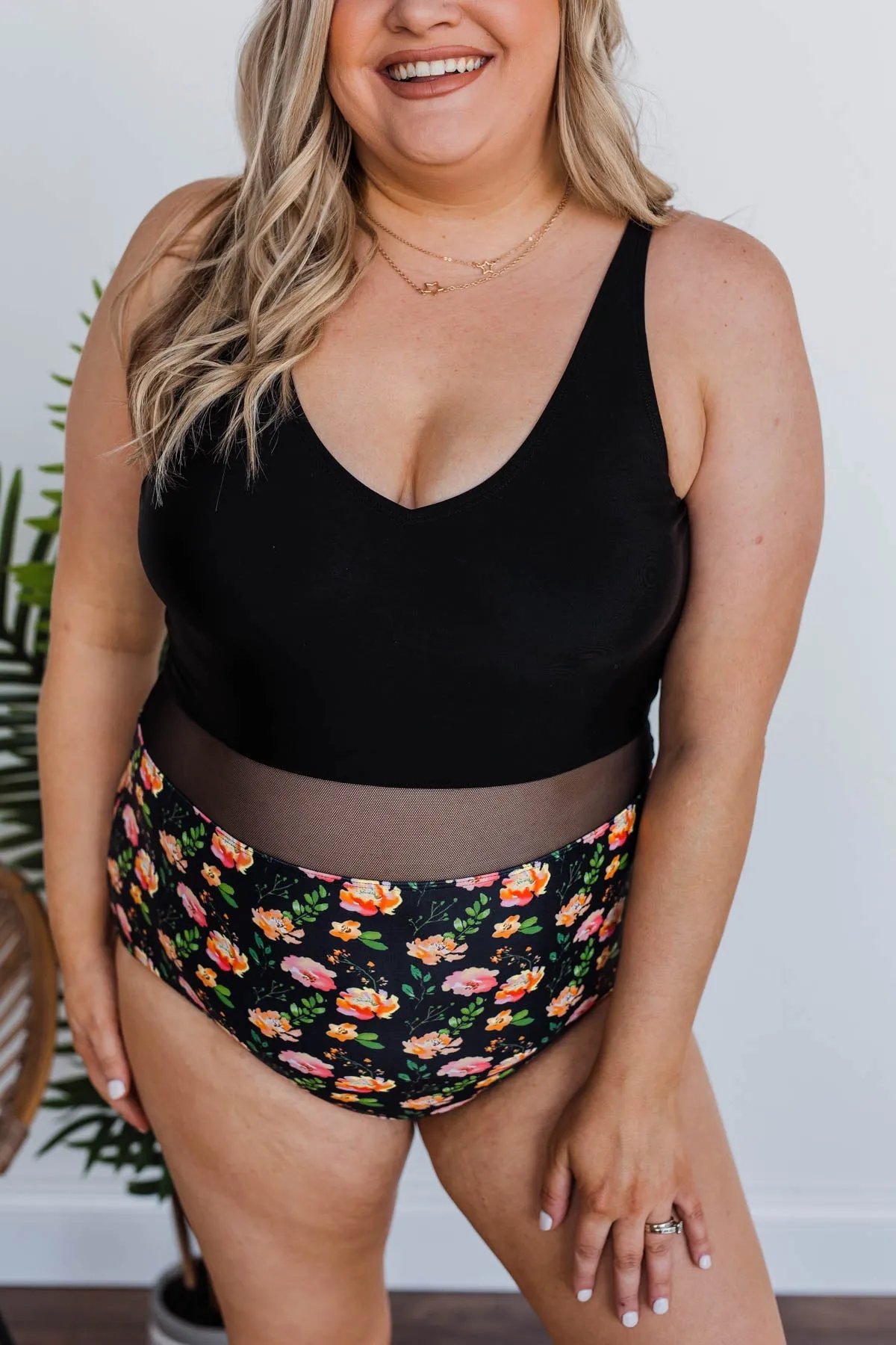 Collecting Seashells One-Piece Swimsuit- Black Floral