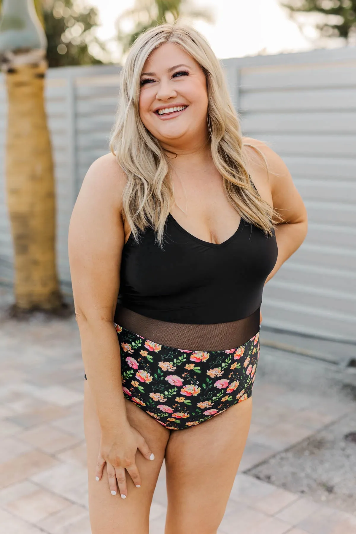 Collecting Seashells One-Piece Swimsuit- Black Floral