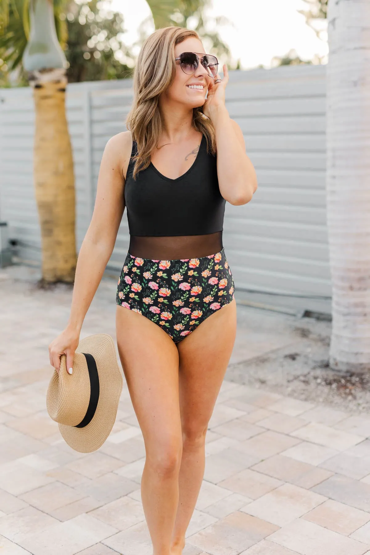 Collecting Seashells One-Piece Swimsuit- Black Floral