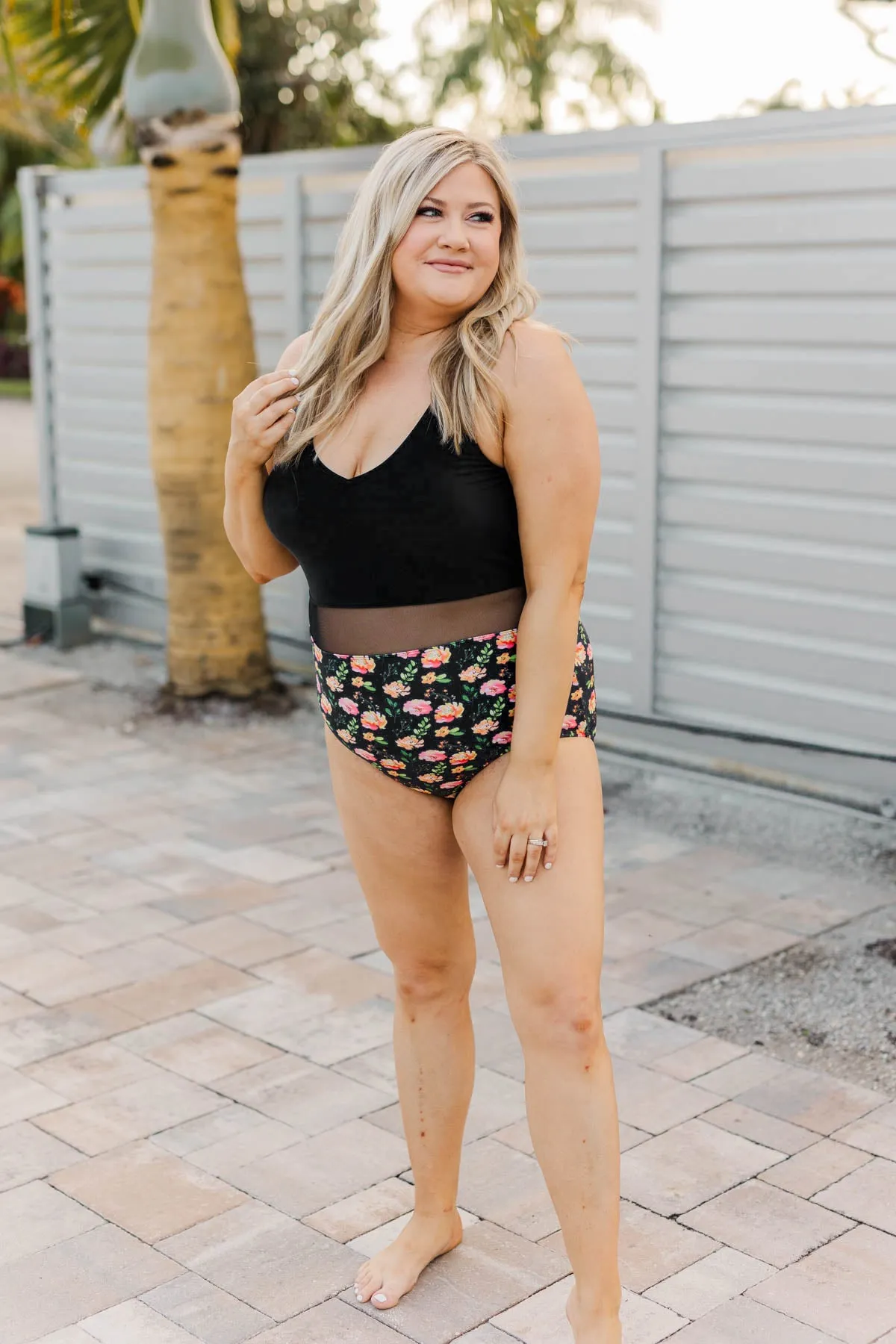 Collecting Seashells One-Piece Swimsuit- Black Floral