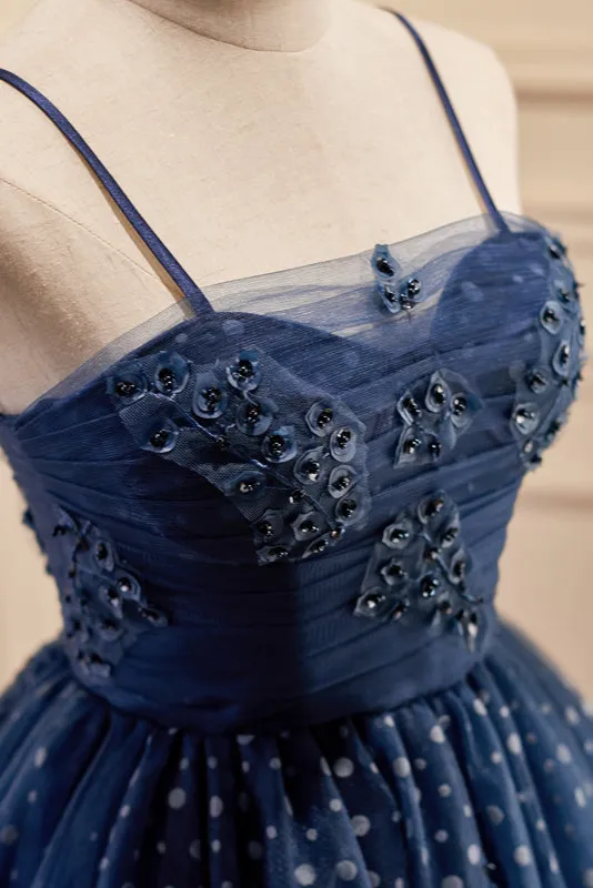 Dark Navy Spaghetti Straps Tulle Short Homecoming Dresses