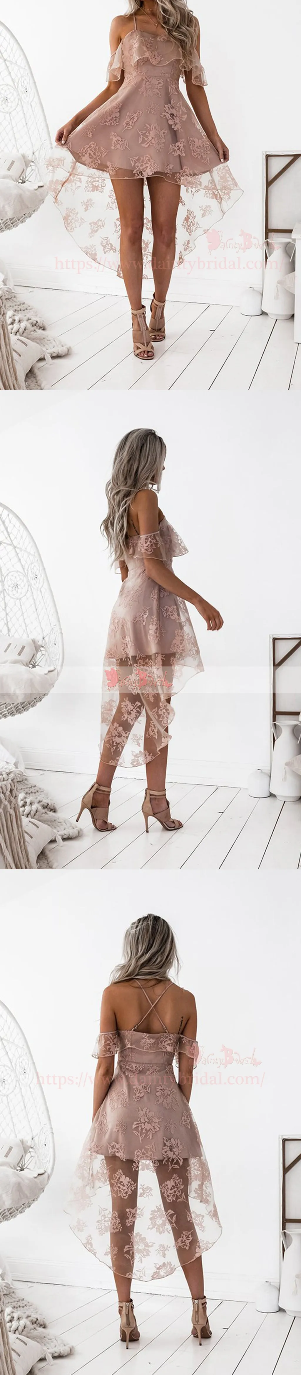 Dusty Pink Lace High Low Spaghetti Straps Homecoming Dresses,BD0170