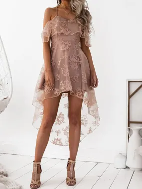 Dusty Pink Lace High Low Spaghetti Straps Homecoming Dresses,BD0170