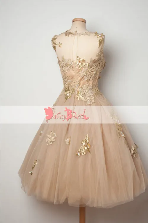 Elegant Gold Sequin Appliques Keyhole Back See Through Homecoming Dresses,BD0149