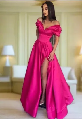 Elegant Pleats Prom Gown Maxi Dresses Satin Side Slit Evening Dress Off the Shoulder Party Prom Dresses For Women Formal robes d